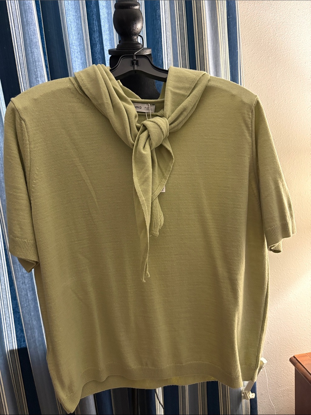 Mango Light Green Short Sleeve Knit Top with Shoulder Overlay